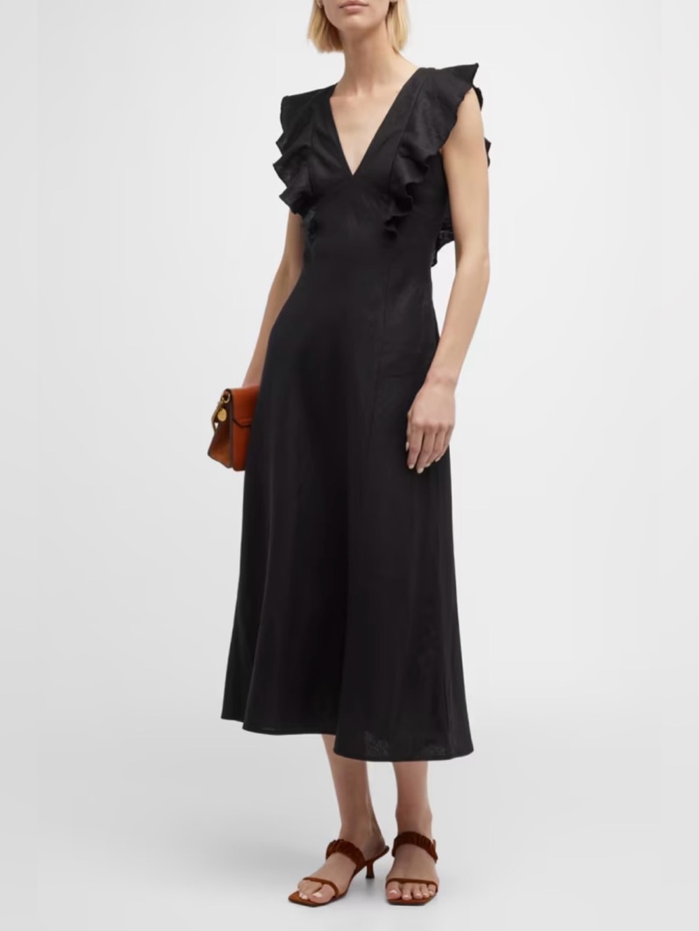 Rails Women's Black Constance Linen Flutter Sleeve Midi Dress SZ S Retail $268